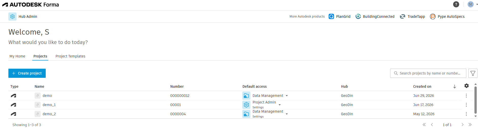 Autodesk Forma project list in the browser showing an example site project